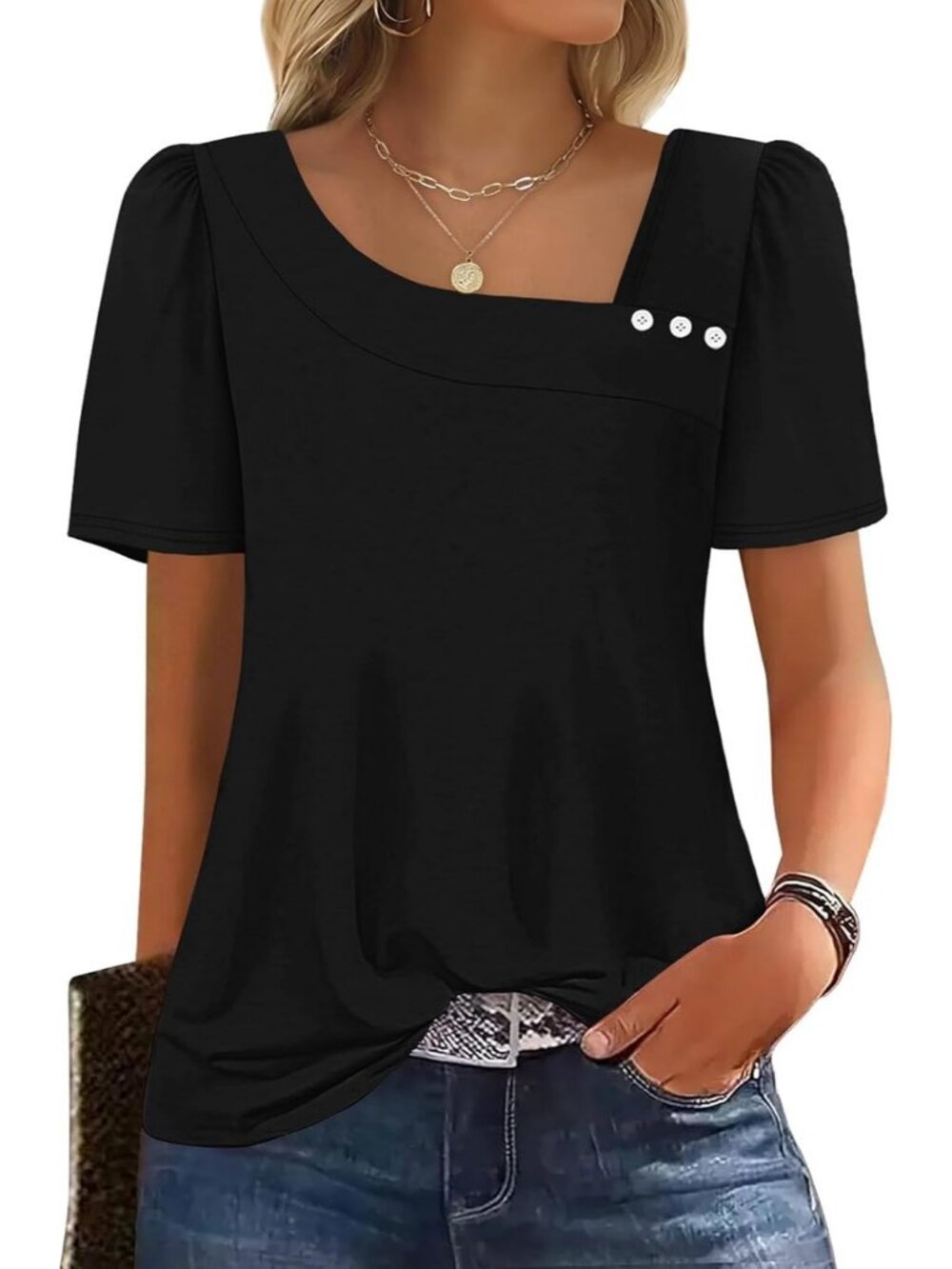 Women's Black Square Neck Blouse Summer Casual Short Sleeve Outfit Spring Top